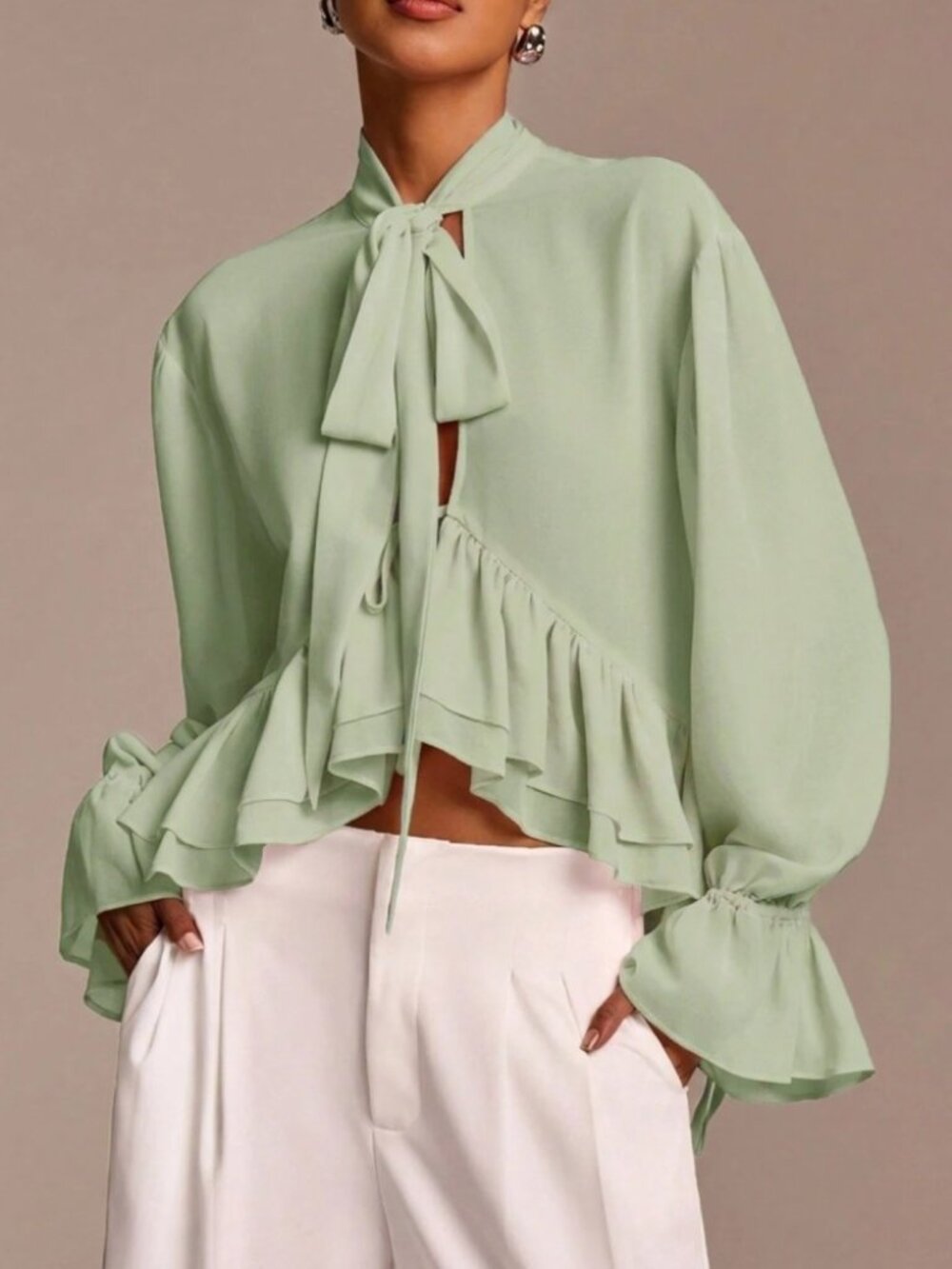Sage Green Tie-Neck Ruffle Hem Blouse